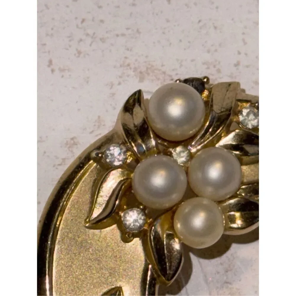 Crown  Trifari Crescent Moon Faux Pearls Brooch, signed